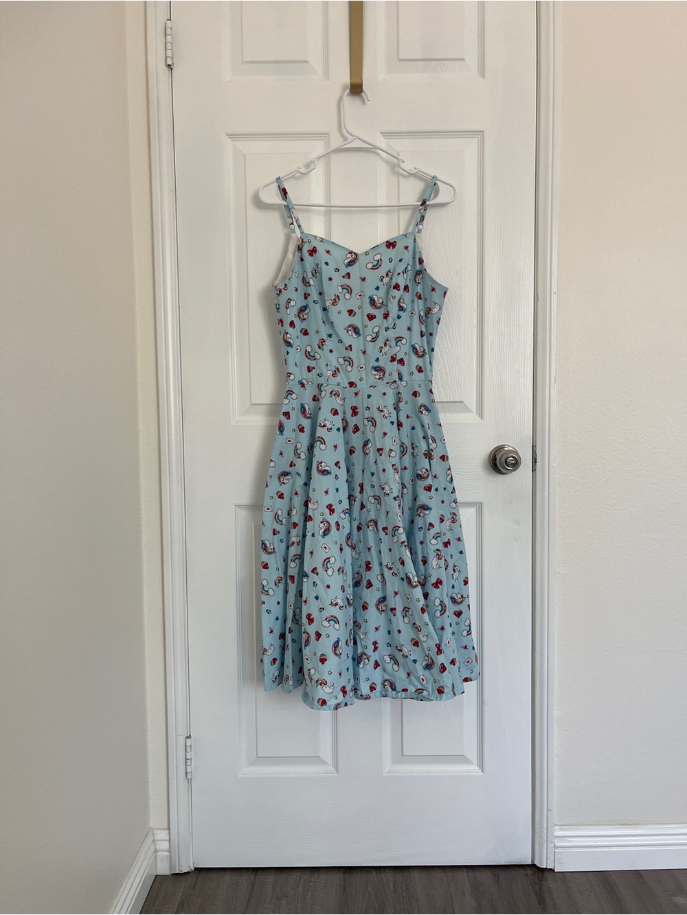Sky Blue Floral Midi Dress with Spaghetti Straps
